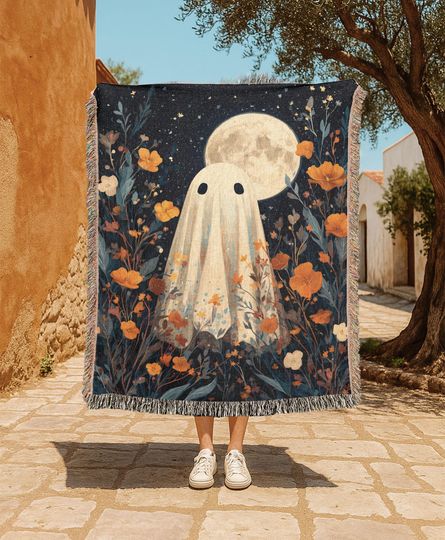 Discover Halloween Ghost Woven Blanket, Spooky Ghost Blanket, Full Moon Ghost Woven Blanket, Autumn Night Blanket, Cozy Halloween Throw