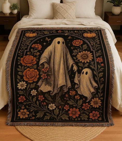 Discover Woven Cotton Ghost Blanket: Vintage Gothic Floral Throw