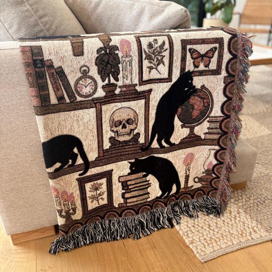 Discover Black Cat Halloween Blanket Book Lover Gift Bookish Decor Dark Academia Reading Nook Blanket Witches Bookshelf Woven Throw Blanket Cotton