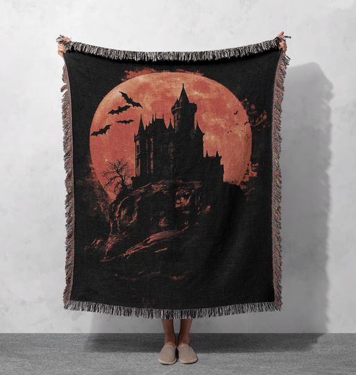 Gothic Castle Woven Blanket, Haunted Halloween Tapestry Throw, Spooky Vampire Home Decor, Dark Fantasy Gift