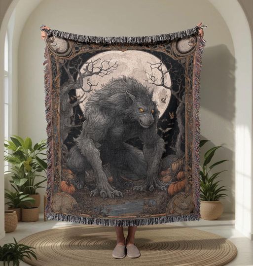 Discover Werewolf   Woven Blanket, Halloween Gift For Horror Lover, Full Moon Lycan Tapestry, Gothic Spooky Decor Woven Throw, Mythical