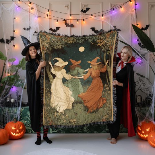 Discover Woven Blanket Halloween Witches Dancing Vintage Witchcraft Unique Decor Spooky Season Witchy Gifts Cozy Style Woven Cotton Jacquard sofa bed