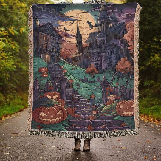 Discover Vintage Halloween Town Woven Throw Blanket: Retro Pumpkin Castle Tapestry