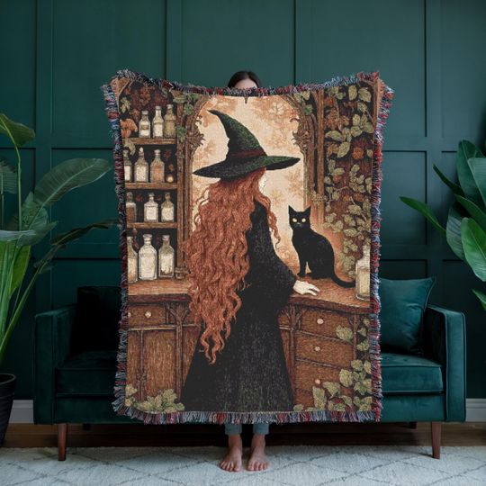 Halloween Apothecary Woven Throw with Witch and Black Cat, Spooky Decor for Goth Homes, Woven Throw, Cozy Spooky Fall Decor, Gothic Wall Art