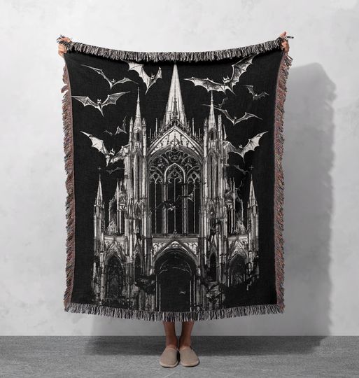 Discover Gothic Cathedral Woven Blanket,  Black Tapestry, Haunted Church Throw, Halloween Decor, Spooky Blanket, Gothic Art Wall Hanging