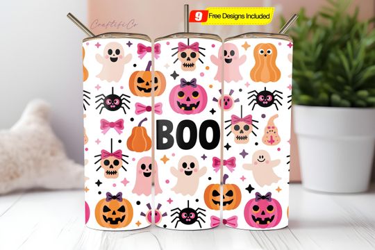 Coquette Halloween Ghosts Tumbler Wrap  20 Oz Straight Skinny Tumbler Wrap Sublimation Boo Cute Spooky Ghosts Pink Bows Tumbler