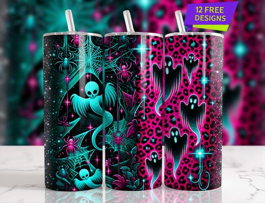 Halloween 20 oz Skinny Tumbler Wrap, Spooky Ghosts, Spiderweb Tumbler Design, Leopard Print Tumbler, Cute Ghost Sublimation, Halloween