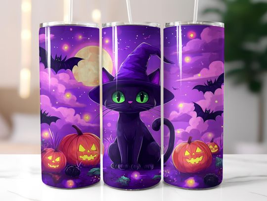 Discover Halloween Black Cat Tumbler Wrap, 20 oz Skinny Tumbler Sublimation Design, Halloween Tumbler Wrap, Black Cat Sublimation Design PNG