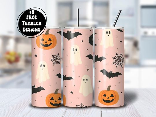Discover Retro Halloween Tumbler Wrap PNG, 20oz Skinny Tumbler Sublimation, Cute Ghost Tumbler PNG, Spooky Season Tumbler, Pastel Halloween
