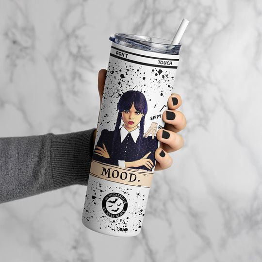 Wednesday Addams Mood Tumbler  Jenna Ortega Merch  We Wear Black 20oz Insulated Mug with Lid & Straw  Dark Humor  Cute Halloween Gift