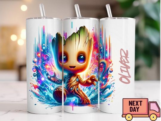 Personalized Baby Groot Tumbler  Custom Name 20oz Skinny Tumbler  Colorful Galaxy Splash Cup  Kids Gift  Marvel Fan Drinkware