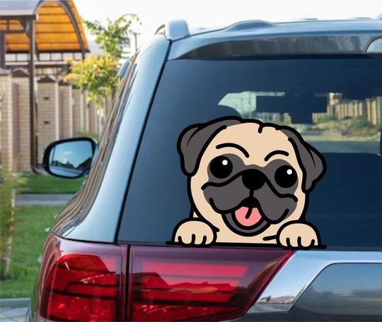 Cute cool Pug fawn Peeking Peek Peekabo Peekers Bumper Window Vinyl Decal Cute Puppy Funny Stickers