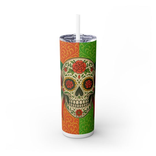 Discover Colorful Skull Tumbler, 20oz, Day of the Dead Mug, Reusable Drinkware, Fiesta Decor, Gift for Halloween, Sugar Skull Cup