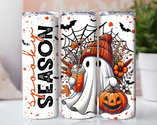 Discover Halloween Tumbler PNG, Spooky Season Sublimation Tumbler Design, Ghost Tumbler Wrap, Pumpkin 20 oz Skinny Tumbler, Fall Seamless Tumbler