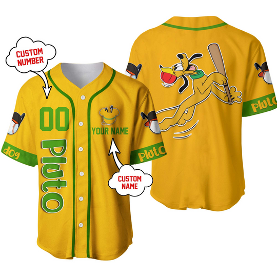 Discover 2025 New Disney Pluto Baseball Shirt Custom Name Men Women Short Sleeve Shirt Disney Casual Sports Baseball Jersey