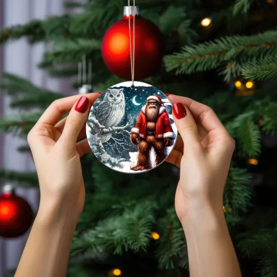 Discover Bigfoot Santa and White Owl Ceramic Christmas Ornament