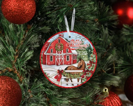 Discover Merry Christmas Horse and Barn Round Ceramic Ornament