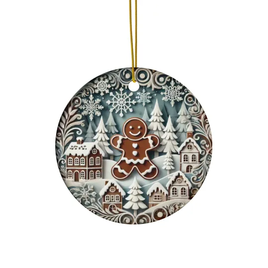 Discover Ceramic Christmas Ornament with Gingerbread Man and Snowy Village Scene