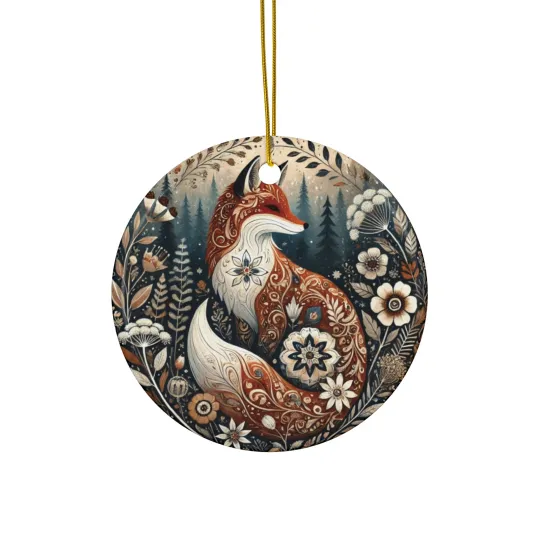 Discover Ceramic Printed Ornament Folk Art Fox with Floral Forest Christmas Design