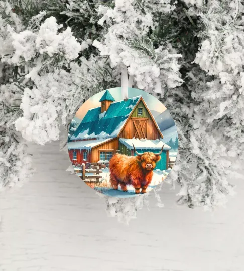 Highland Cow Teal Barn Ceramic Christmas Ornament