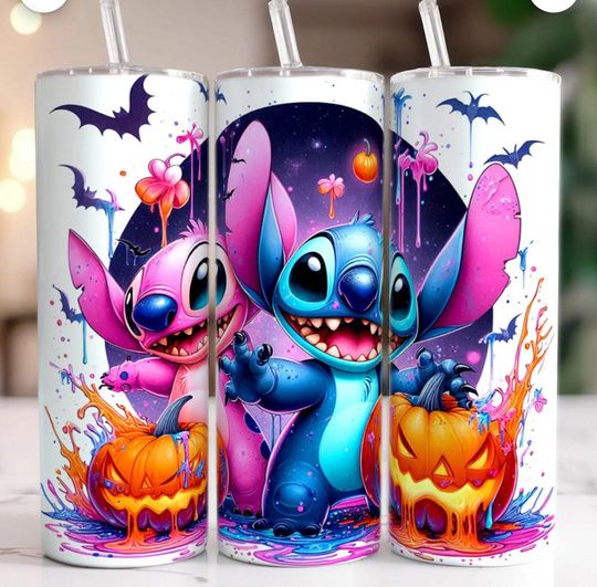 Stitch Halloween Tumbler Wrap: Spooky Cartoon 20oz Skinny Tumbler