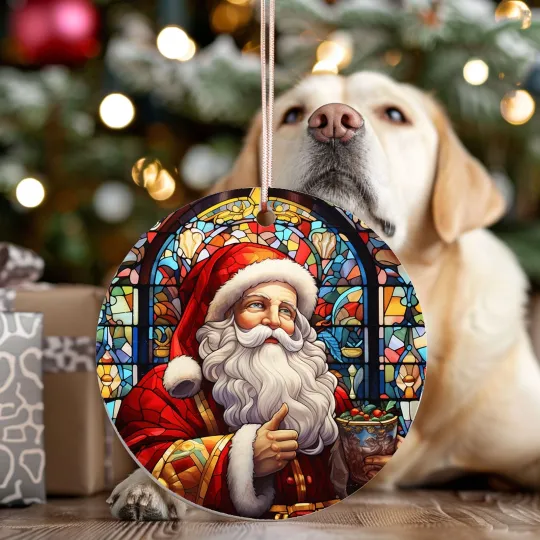 Faux Stain Glass Santa Ceramic Ornament Christmas Decor
