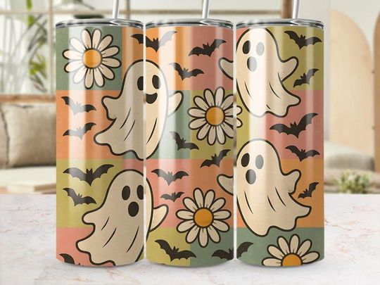 Discover Retro Halloween Tumbler Wrap  , 20oz Skinny Tumbler Sublimation, Cute Ghost Tumbler  , Spooky Season Tumbler, Pastel Halloween