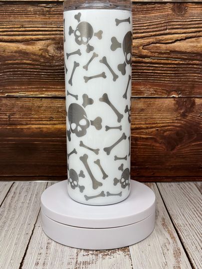 Discover Skull and Cross Bones | Blue Glow in the Dark Tumbler | Custom laser engraved | 20oz Skinny Tumbler