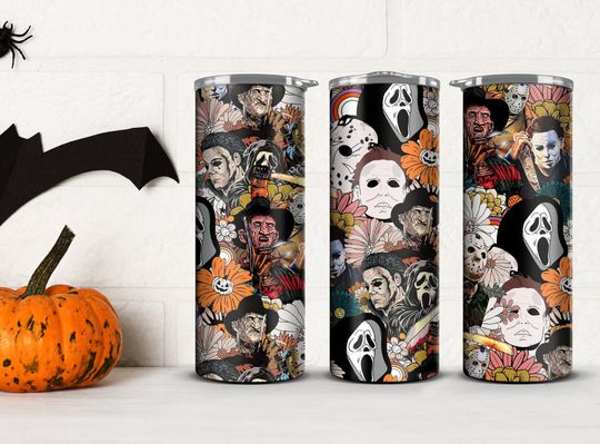 Discover Scary Movie Tumbler Retro Flowers Wrap Print Halloween 20oz Tumbler with Straw Fall Halloween Spooky Gift for Her Halloween Water Bottle