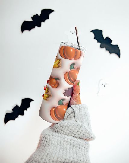 Inflated Puffy Fall Pumpkins Skinny Tumbler Straw Lid 20oz Tumbler Fall Coffee Holder Halloween Gift Basket Fall Gift Basket Cute Pumpkins