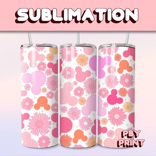 Discover Cute Pink Floral Mouse Vibe, Sublimation 20oz Tumbler Wrap, Summer, Movie, Magical, Christmas, Halloween, Cartoon, Characters, Libbey Design