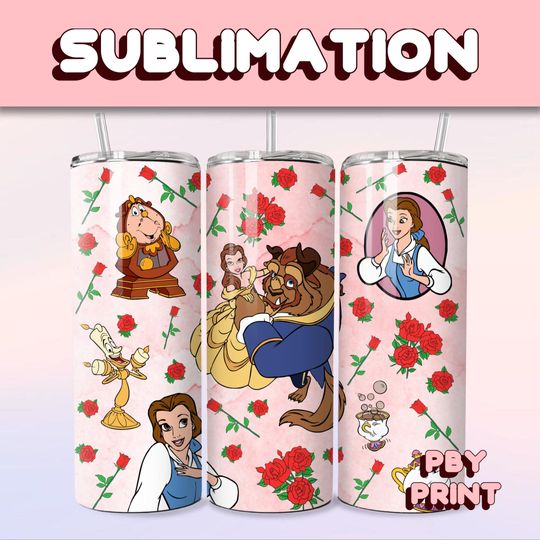 Cute Belle Beast Princess, Sublimation 20oz Tumbler Wrap, Summer, Movie, Rainbow, Christmas, Halloween, Cartoon, Characters, Libbey Design