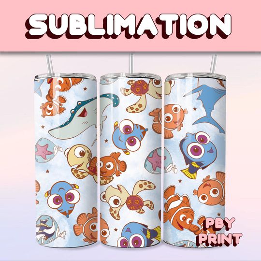 Discover Cute Blue Finding Fishy Nemo, Sublimation 20oz Tumbler Wrap, Summer, Movie, Rainbow, Christmas, Halloween, Cartoon, Character, Libbey Design