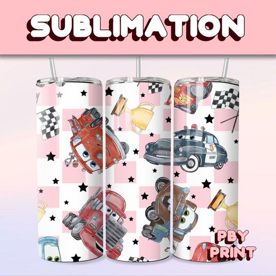 Discover Cute Race Cars & Friends, Sublimation 20oz Tumbler Wrap, Summer, Movie, Rainbow, Christmas, Halloween, Cartoon, Characters, Libbey Design