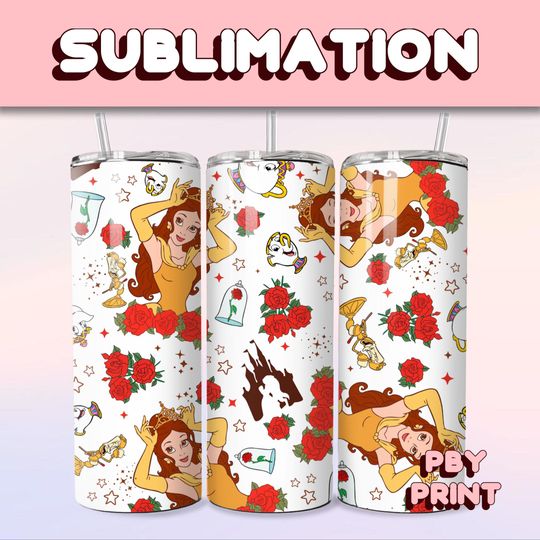 Cute Rose Belle Princess, Sublimation 20oz Tumbler Wrap, Summer, Movie, Magical, Christmas, Halloween, Cartoon, Characters, Libbey Design