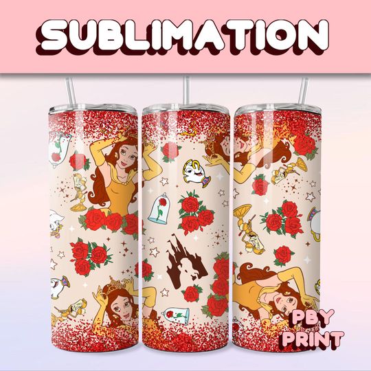 Rose Belle Glitter Princess, Sublimation 20oz Tumbler Wrap, Summer, Movie, Magical, Christmas, Halloween, Cartoon, Characters, Libbey Design