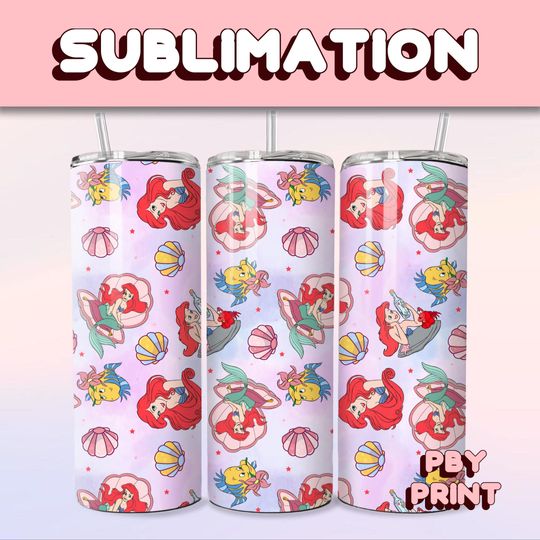 Discover Ariel Princess & Friends, Sublimation 20oz Tumbler Wrap, Summer, Movie, Magical, Christmas, Halloween, Cartoon, Characters, Libbey Design