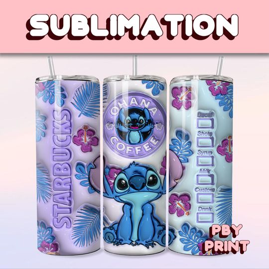 Cute Purple & Blue Coffee, Sublimation 20oz Tumbler Wrap, Summer, Movie, Magical, Christmas, Halloween, Cartoon, Characters, Libbey Design