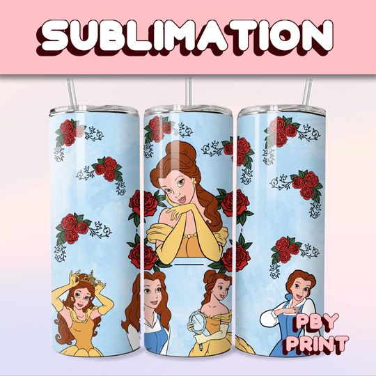 Belle & Rose Princess, Sublimation 20oz Tumbler Wrap, Summer, Movie, Magical, Christmas, Halloween, Cartoon, Characters, Libbey Design