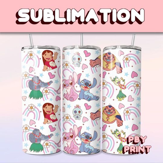 Discover Cute Blue & Pink Friends, Sublimation 20oz Tumbler Wrap, Summer, Movie, Magical, Christmas, Halloween, Cartoon, Characters, Libbey Design