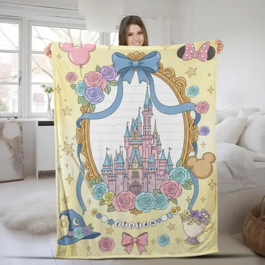 Discover Disney Castle Magic Kingdom Pastel Floral Customize Fleece Blanket
