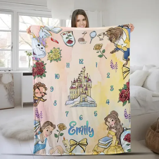 Discover Disney Beauty And The Beast Milestone Watercolor Customize Fleece Blanket