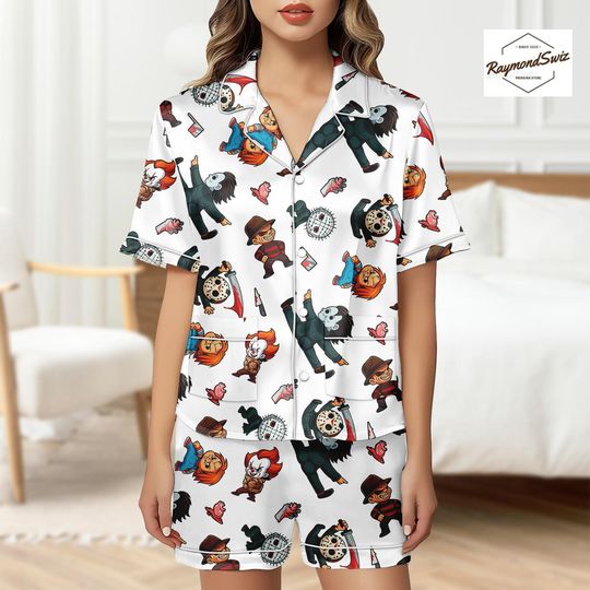 Chibi Halloween Characters PJs Set, Kawaii Halloween Button Pajama, Costume Set for Halloween, Halloween Merch