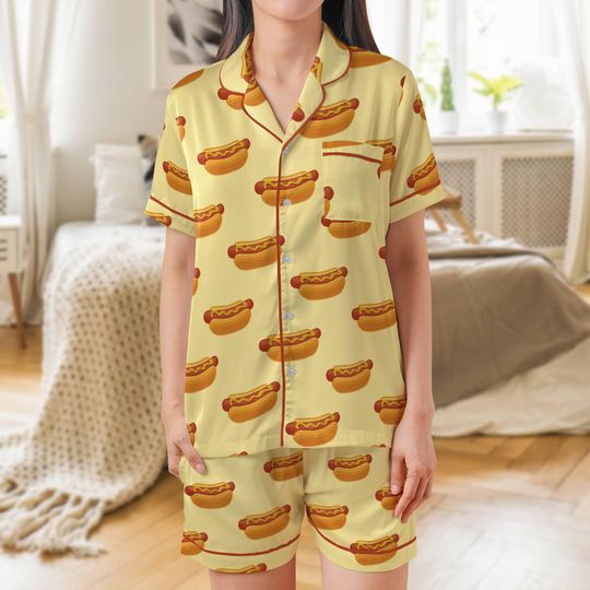 Hot Dog Print Satin Pajama Set: Women's Short Sleeve Sleepwear
