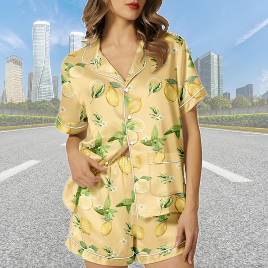 Discover Yellow Lemon Short Satin Pajamas, Cute Fruit Pajamas Family, Lemon Lover Pajamas For Her, Fruit Pajamas Set