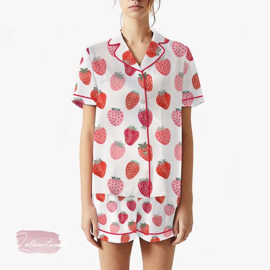 Jam Strawberry Set  Cute Summer Pajamas with Pink and Red Strawberry Print, Short Sleeve Button Top & Shorts, Soft Womens Sleepwear Gift