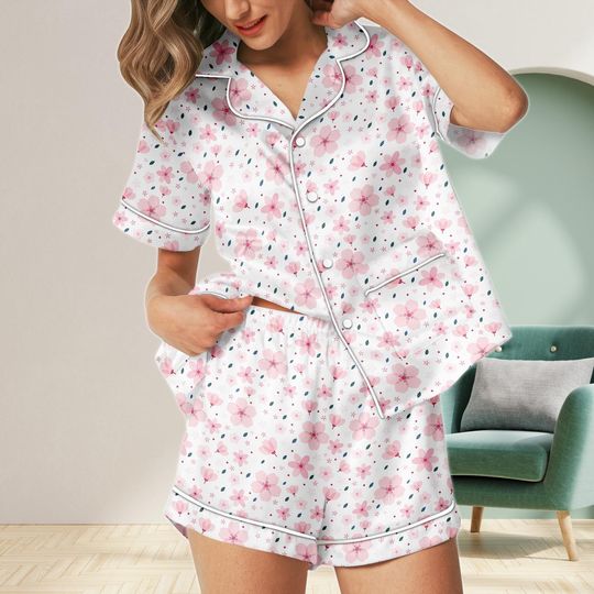 Pink Floral Short Satin Pajamas, Pink Floral Pajamas Women, Pink Floral Pajama Set Women, Pink Floral Matching Pajamas, Pjs Set