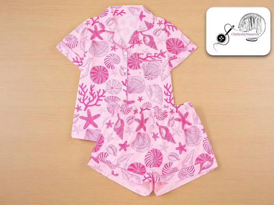 Discover Shell Print Pajama Set | Women's Starfish Sleepwear | Short Sleeve Button Shirt | Stretchy Summer Beach Shorts | Two Piece Loungewear