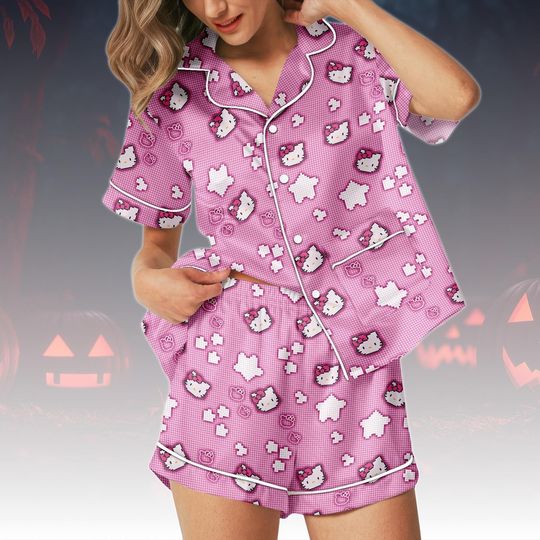 Discover Hello Kitty Short Satin Pajamas, Cute Kawaii Kitty Sleepwear Set For Women, Pink Cartoon Loungewear, Summer Satin Pajama Shorts Set