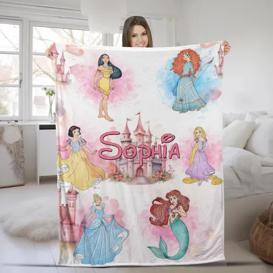 Discover Disney Princess Pink Magic Kingdom Watercolor Customize Fleece Blanket